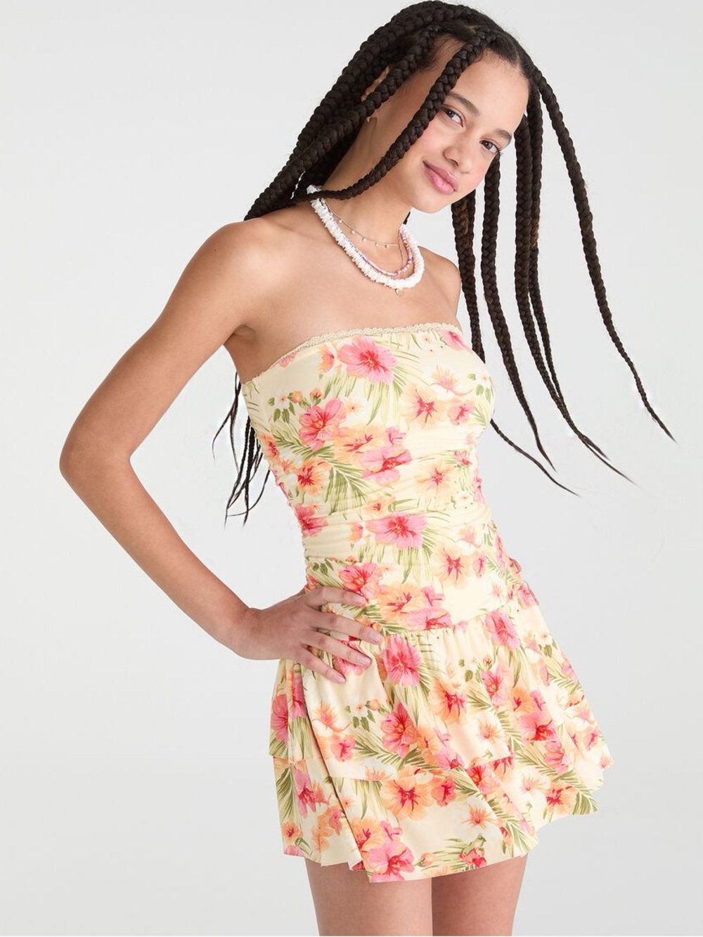 Aeropostale Yellow Strapless Floral Mini Dress with Pink Blooms
